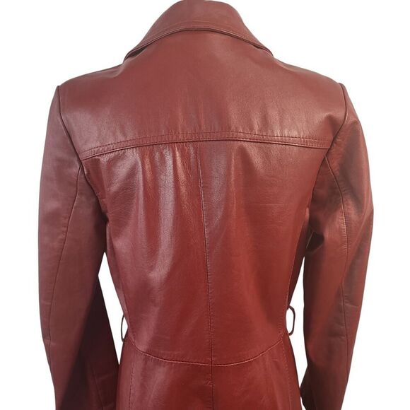 Vintage Size 10 (Runs Small) Red Leather Midi Coat Button Down Lined No Belt - Picture 11 of 16